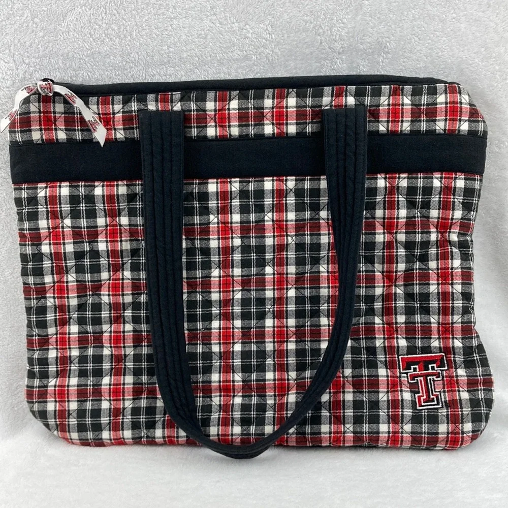 Pomegranate Collegiate Texas Tech Quilted Red & Black Plaid Tote Bag 17” x 14”